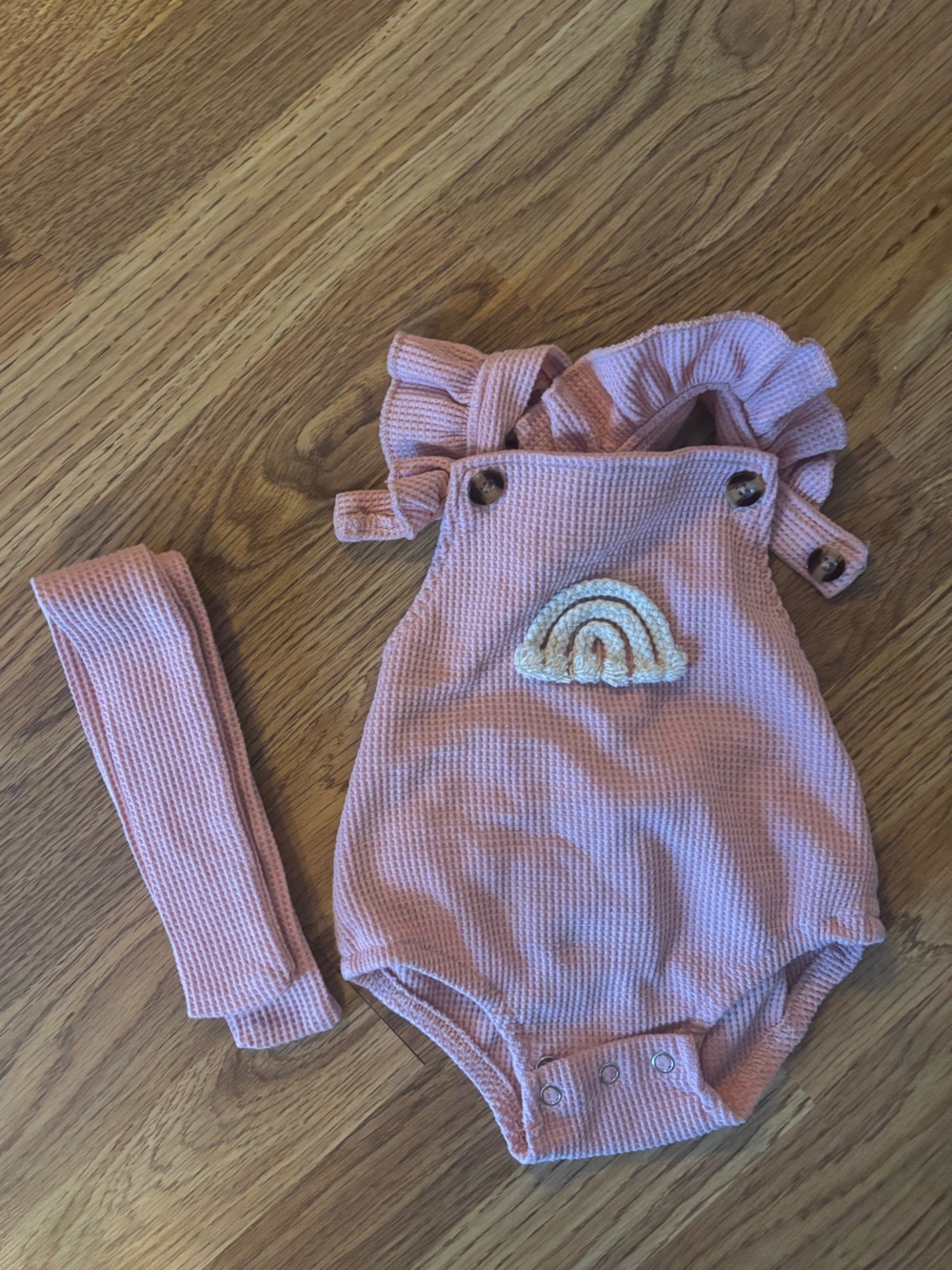 Pink Waffle Knit Ruffle Romper with Rainbow Applique - Kids Matching Set
